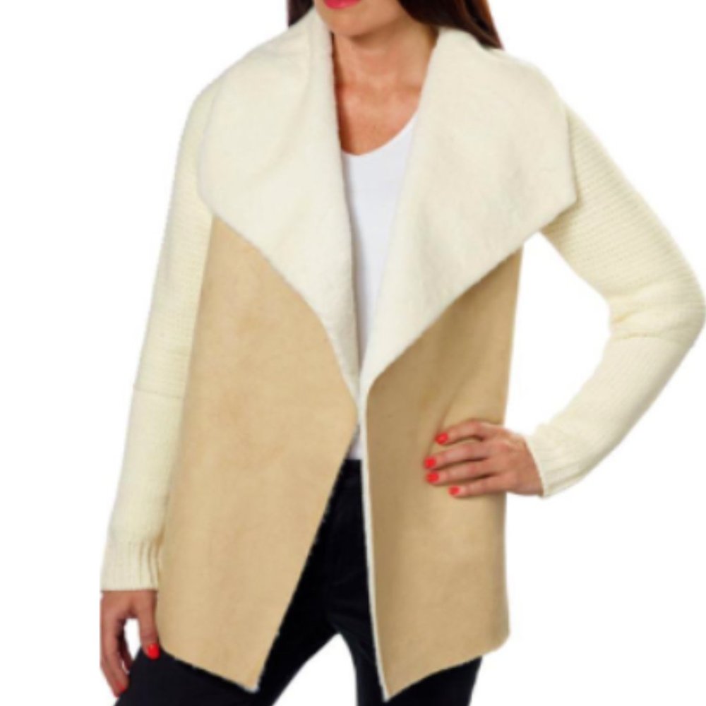 Fever‎ Women's Beige/Tan Cascade Collar Faux Suede Sherpa Knit Jacket Small NWT - Picture 2 of 11